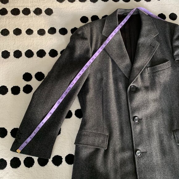 Vintage 90s Union Label Charcoal Herringbone Wool Tweed Overcoat Long Pea Coat - Picture 16 of 16